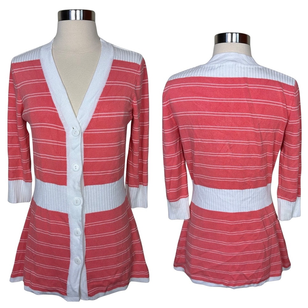 Mosca Striped Pink White 3/4 Sleeve Ribbed Knit VNeck Button Cardigan Sweater M
